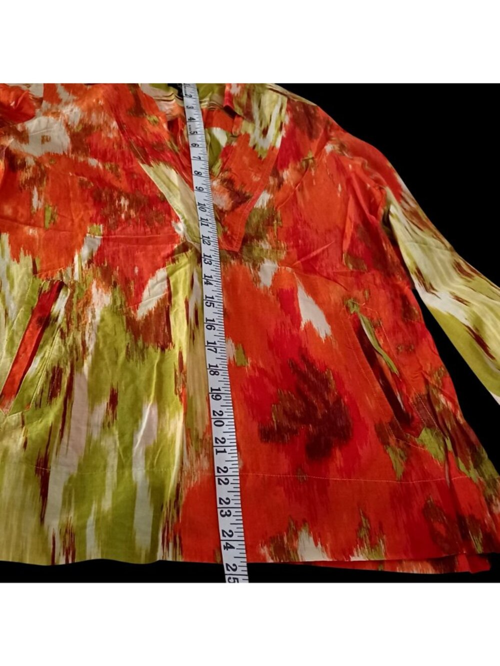 Talbots Tunic Blouse Cotton Silk Abstract Watercolor Orange Green V-Neck Wms 10P - Picture 5 of 11